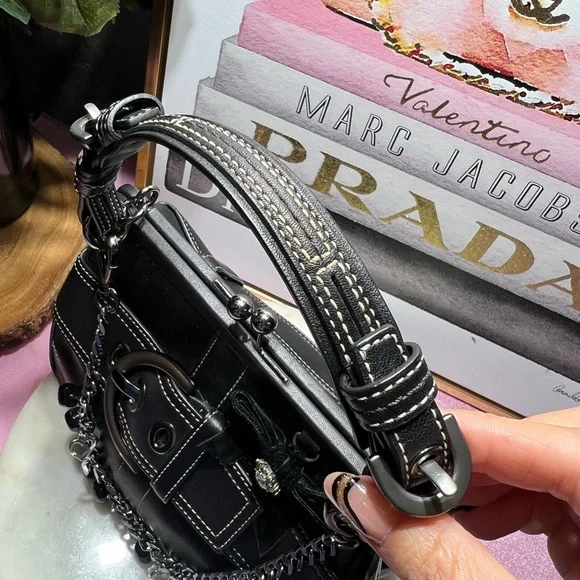 Coach RARE Black Soho Kisslock Vintage leather crystal velvet bow EUC - Picture 9 of 13